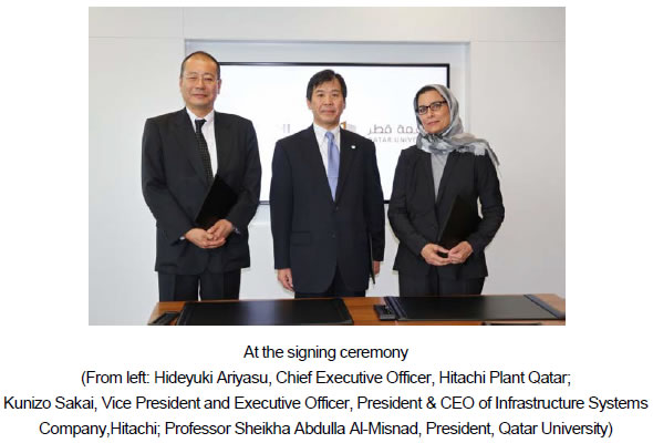 [photo]At the signing ceremony (From left: Hideyuki Ariyasu, Chief Executive Officer, Hitachi Plant Qatar; Kunizo Sakai, Vice President and Executive Officer, President & CEO of Infrastructure Systems Company,Hitachi; Professor Sheikha Abdulla Al-Misnad, President, Qatar University)